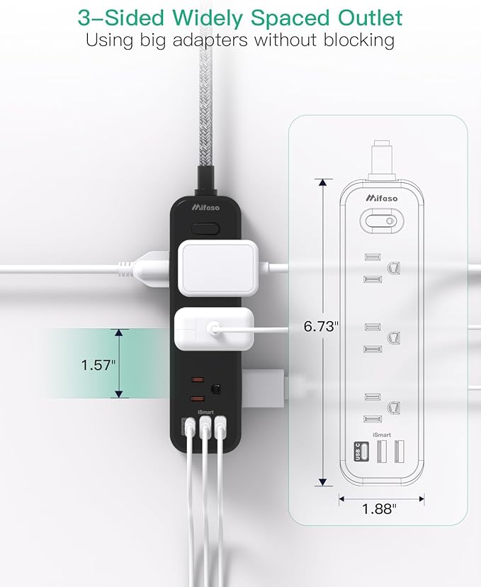 Mifaso Extension Cord, Surge Protector Power Strip, Long Power Strip with 9 Outlets 3 USB Ports, Extension Cord with Multiple Outlets, USB Power Strip for Dorm Room Essentials, College(10FT, Black)