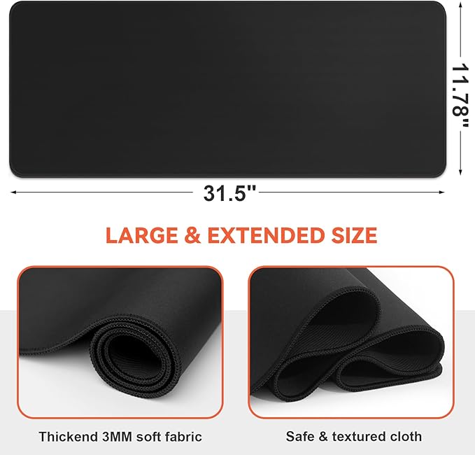 Black Mouse Pad Gaming Keyboard Pad 31.5 x 11.8 in Large Computer Mouse Pad with Anti-Slip Rubber Base and Stitched Edges, Extended Mouse Mat for Gaming Working