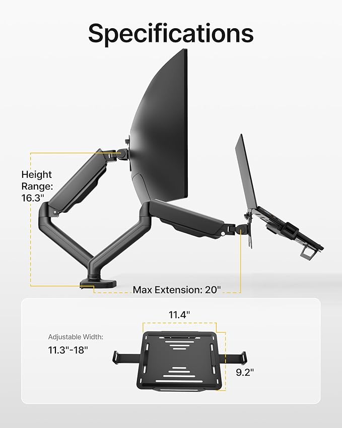monTEK Laptop Arm Mount for Desk, 2-in-1 Monitor & Laptop Stand with Adjustable Laptop Tray, Fits Max 18" Notebook and 32" Screen, Aluminum Single Monitor Holder with VESA 75/100, Clamp/Grommet, Black