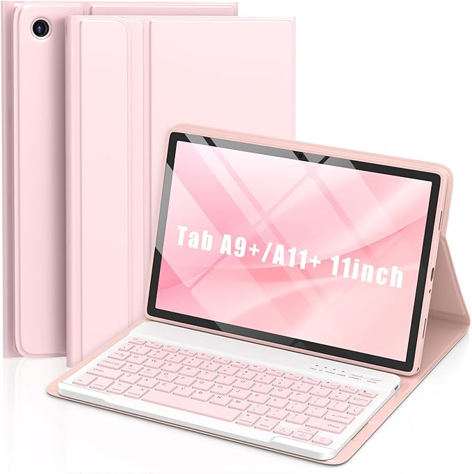 MMK Galaxy Tab A9 Plus Case with Keyboard (11" 2023), Compatible with Samsung A11 Plus Tablet Case Keyboard (11" 2025, SM-X230, SM-X236B), Wireless Detachable-Pink