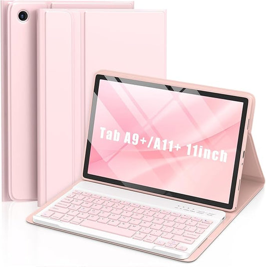 MMK Galaxy Tab A9 Plus Case with Keyboard (11" 2023), Compatible with Samsung A11 Plus Tablet Case Keyboard (11" 2025, SM-X230, SM-X236B), Wireless Detachable-Pink