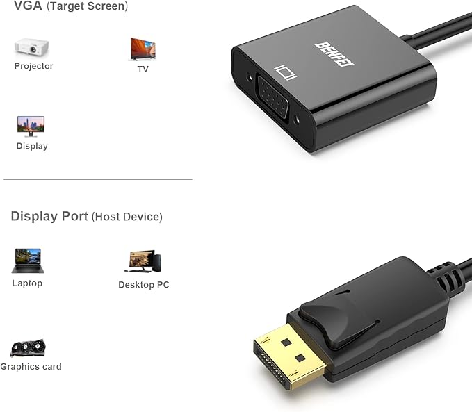 BENFEI DisplayPort to VGA 2 Pack,Gold-Plated Uni-Directional DP Computer to VGA Screen Adapter 1080P (Male to Female) Compatible for Lenovo, Dell, HP, ASUS
