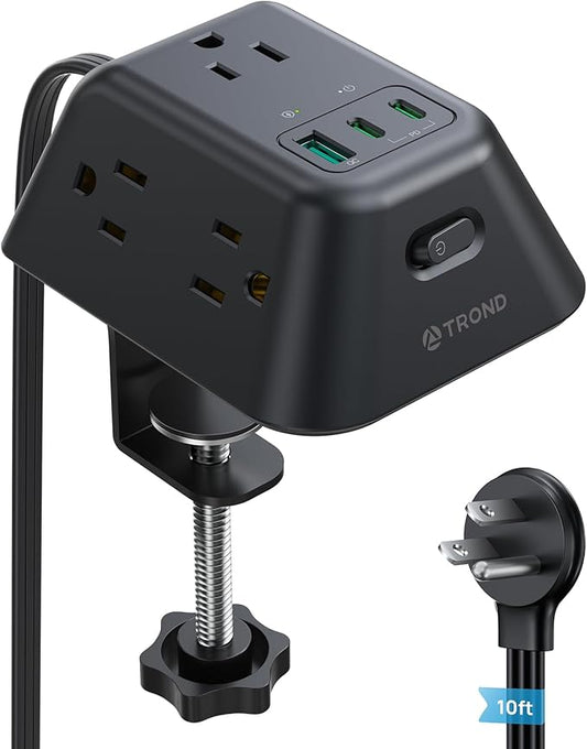 TROND USB C PD 20W Desk Clamp Power Strip, Desktop Surge Protector with 5 AC Outlets, 2 USB C Charging Station, Fit 1.97in Tabletop Edge Thick, 10ft Extension Cord for Home Office Accessories, Black