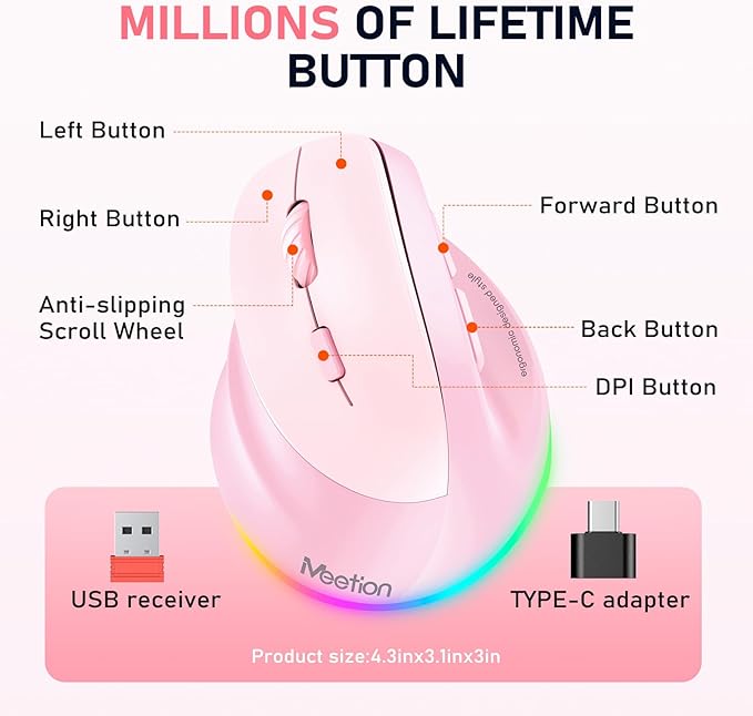 MEETION Left-Handed Mouse, Ergonomic Mouse Wireless Vertical Mouse, RGB Rechargeable Mice for Bluetooth(5.2 + 3.0) & USB-A with Type-c Adapter 4 Adjustable DPI for Mac/Windows/PC/Tablet/iPad Pink