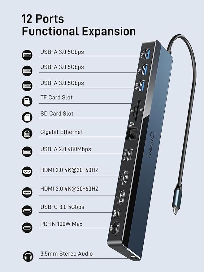 USB C Docking Station Dual Monitor with USB-C 100W Charger, 12-in-1 Laptop Dock with Dual HDMI 4K@30~60Hz, PD 100W, 5Gbps USB Ports*4, SD/TF Slot, Ethernet, Audio for MacBook/Dell/HP/Lenovo/Asus/Acer