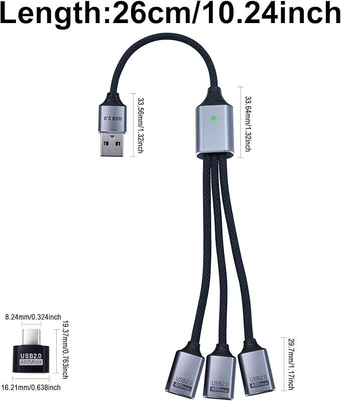 Danfetsoy USB Splitter 1 in 3 Out, USB Y Splitter 1 Male to 3 Female Charging Cable & Type C Male to Type A Female Adapter Converter for Laptop, PC, Computer, Mac, PS5, Xbox, Keyboard, 25cm