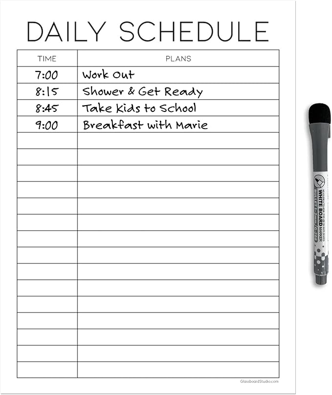 Dry Erase Daily Schedule Planner Sticker Decal by Glassboard Studio | Removable & Reusable | Magnetic Fine-Tip Marker Included (9 x 12 inches, White)