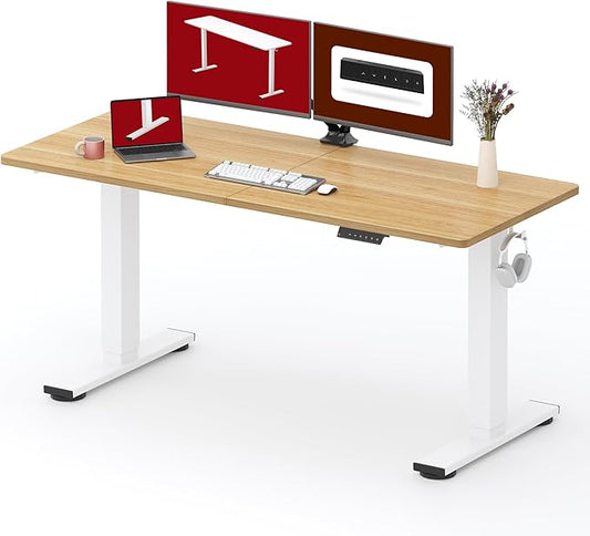 SANODESK Height Adjustable Electric Standing Desk 63x24 Inches, Sit Stand Desk with Splice Board for Home Office, Ergonomic Computer Workstation, Study & Gaming, White Frame/Maple Top