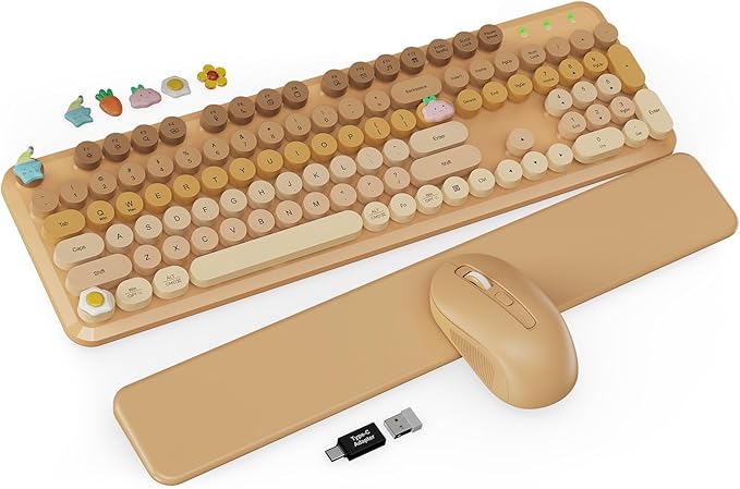 Wireless Keyboard and Mouse Combo, Typewriter Keyboard with Detachable Wrist Rest, Full-Size Retro Round Keycaps, Smart-Sleep, 2.4GHz Stable Connection for Mac/Windows/PC, Trueque (Ombre Latte Beige)