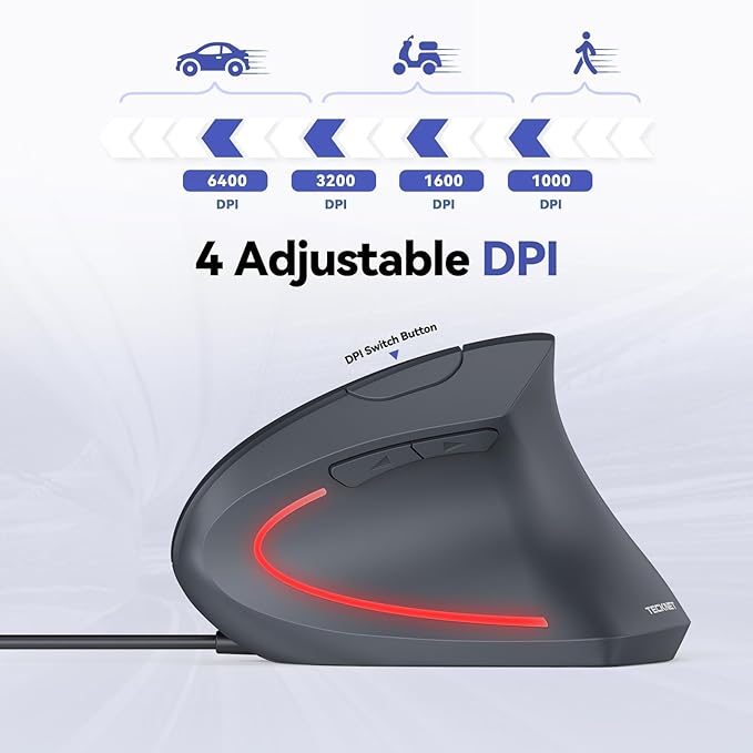 TECKNET Wired Mouse, 6400 DPI Ergonomic Mouse 6 Buttons Silent Mice 4 Adjustable DPI Vertical Mouse Compatible with Windows/Chrome/Laptop/Computer
