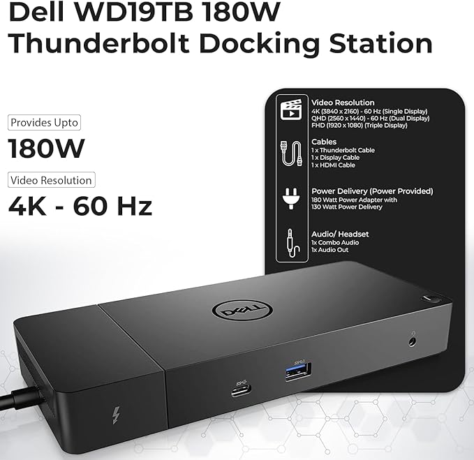 Dell WD19TB Thunderbolt Docking Station with 180W AC Power Adapter (130W Power Delivery) + HDMI Cable + DisplayPort Cable + Thunderbolt Cable + Microfiber Cloth Included