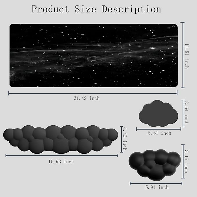Cloud Mouse Pad Keyboard Wrist Rest 4PCS Extended Large Galaxy Desk Mat Pad Set Memory Foam Non-Slip Cute Ergonomic Gaming Mouse Pad Wrist Support for Computer Laptop Home Office Black