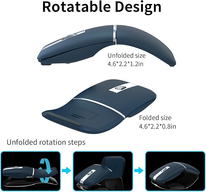 Bluetooth Arc Travel Mouse - BT & USB Wireless Dual Mode, Rechargeable Slim Rotatable Portable, 3-Speed DPI, Silent Computer Mouse for Microsoft Laptop PC Chromebook Tablet - Sapphire Blue