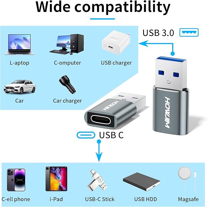 USB to USB C Adapter 2 Pack,HOWJIM Type-C Female to USB 3.0 Male OTG Adapter,QC3.0 Fast Charging 5Gbps Data Transfer,USB C to USB Adapter for M-acBook Phone 17/16/15 Pad G-alaxy A-irpods X-peria Gray