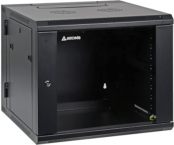 AEONS 9U Professional Wall Mount Server Cabinet Enclosure Double Section Hinged Swing Out 19-Inch Server Network Rack with Locking Glass Door Black (Fully Assembled)