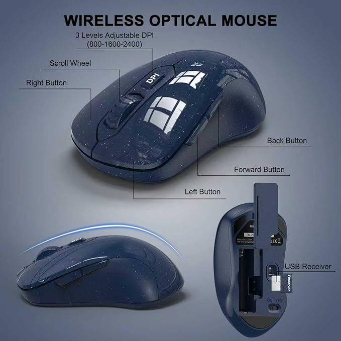 Wireless Keyboard and Mouse Combo, ULSOU 2.4G Full-Sized Ergonomic Computer Keyboard with Wrist Rest and 3 Level DPI Adjustable Wireless Mouse for Windows, Mac OS Desktop/Laptop/PC(Blue)