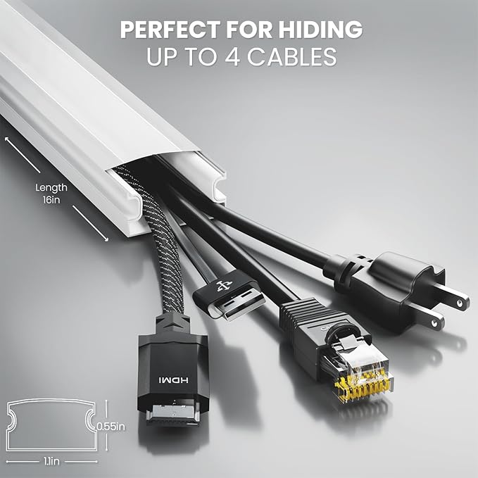 EVEO Cable Hider Wall 306” - Cable Raceway Cord Hider - Wire Covers for Cords on Wall, Cord Cover, Wall Cable Hider, Cable Concealer, Wire Hiders for TV on Wall - 20X (L16 W1.1 H0.55) - Large | White