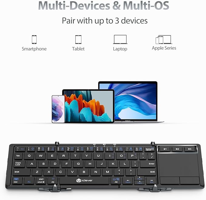 iClever Foldable Keyboard with Touchpad, BK08 Portable Tri-Folding Bluetooth Keyboard for iPad, iPhone, Windows, Mac & Android — Connect Up to 3 Devices