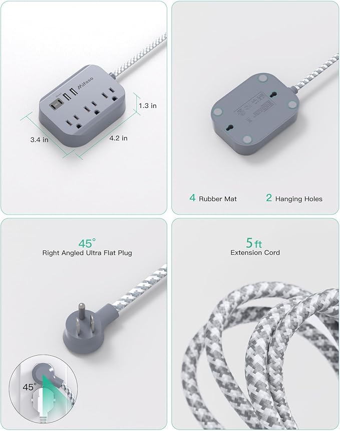 Cruise Ship Essentials - 5Ft Flat Extension Cord with Multiple Outlets, Power Strip USB Charging Station with Non Surge Protector for Cruise Ship, Travel, Dorm Room Essentials, Grey