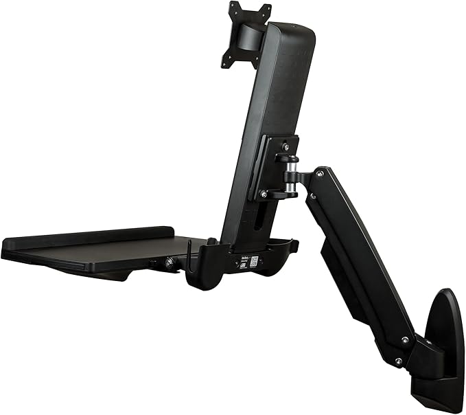 StarTech.com Wall Mount Workstation - Articulating Full Motion Standing Desk with Ergonomic Height Adjustable Monitor & Keyboard Tray Arm - Mouse & Scanner Holders - Single VESA Display, TAA