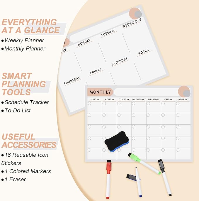 ARVOK 2 Pack A3 Magnetic Calendar for Refrigerator - 16.5"x11.6" Reusable Weekly & Monthly Planner Dry Erase Fridge Calendar Whiteboard with 4 Markers, 16 Magnets & Eraser for Family Schedule, Meal Menu, To-Do List
