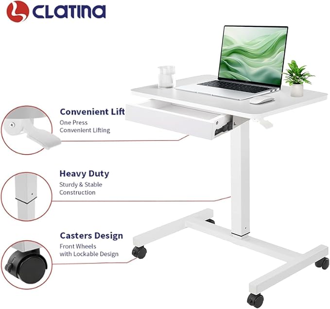 CLATINA Mobile Laptop Standing Desk, Height Adjustable Teacher Podium with Lockable Wheels, Adjustable Work Table with Drawer, Computer Cart Overbed Table for Home Office Classroom, White