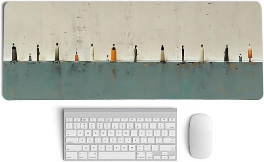 Beige Green Summer Beach Mouse Pad,XL Large Art Minimalist Abstract People Desk Mat,Aesthetic Calming Beach Crowd Desk Mat for Home Office Dorm Desktop Decor,31.5x11.8 Inch