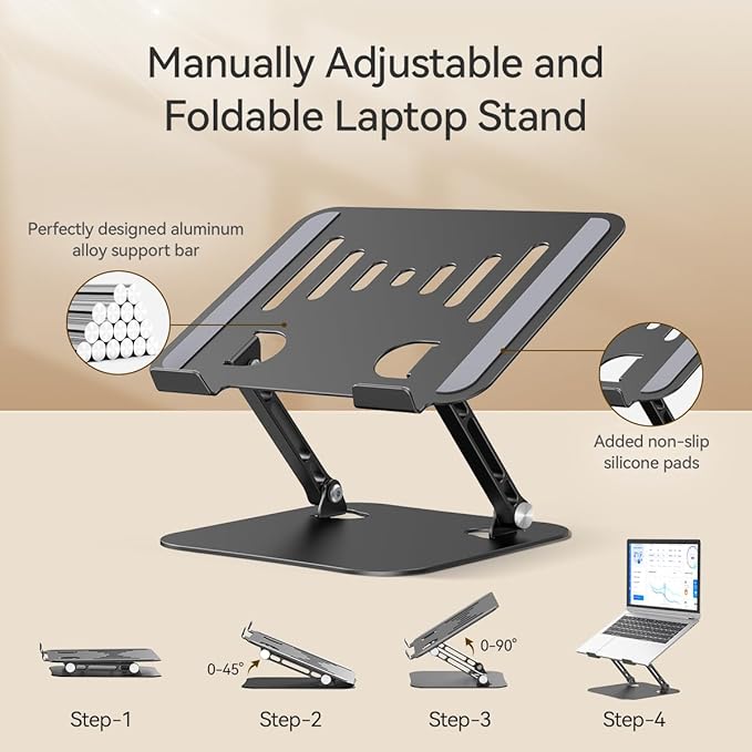 Adjustable Laptop Stand, Aluminum Portable Laptop Riser for Desk Foldable, Ergonomic Computer Notebook Stand Holder for MacBook Air Pro, Dell XPS, HP and All 10–17 Inch Laptops, Black
