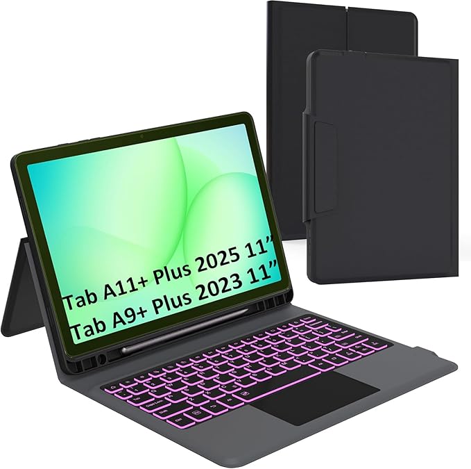 Keyboard Case for Samsung Tab A11+ Plus/A9+ Plus 11": 7 Colors Backlit Trackpad Keyboard for 11inch Galaxy Tab A9+ A11 Plus | Smart Touch Wireless Keyboard Folio Book Cover with Pen Holder & Kickstand