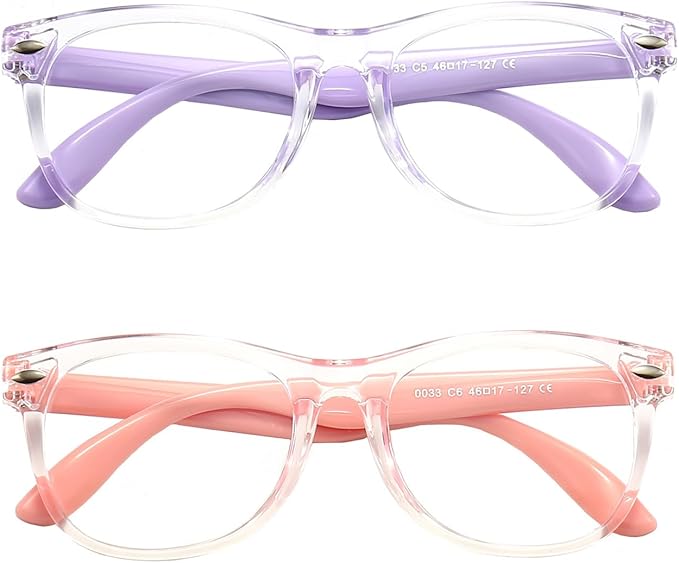 2 Pack kids Blue Light Blocking Glasses For Girls And Boys Computer Blue Light Blocking Glasses For Age 3-11 (Light purple + Light pink)