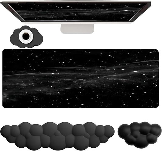 Cloud Mouse Pad Keyboard Wrist Rest 4PCS Extended Large Galaxy Desk Mat Pad Set Memory Foam Non-Slip Cute Ergonomic Gaming Mouse Pad Wrist Support for Computer Laptop Home Office Black