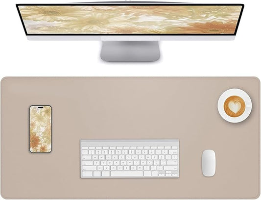Leather Desk Pad Protector Large Mouse Pad, Stitched Locking Edge Non-Slip PU Leather Desk Mat Laptop Desk Pad Blotter, Waterproof Durable Writing Pad for Office and Home (Beige, 120 x 43cm)