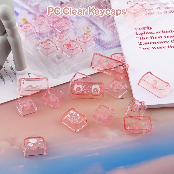 26 Keys Crystal Jelly Personalized Keycaps, PC Material Cute Meow Meow Squad Transparent Custom Cat Keycaps, Mao Profile Keycap for DIY MX Swithes Mechanical Keyboards