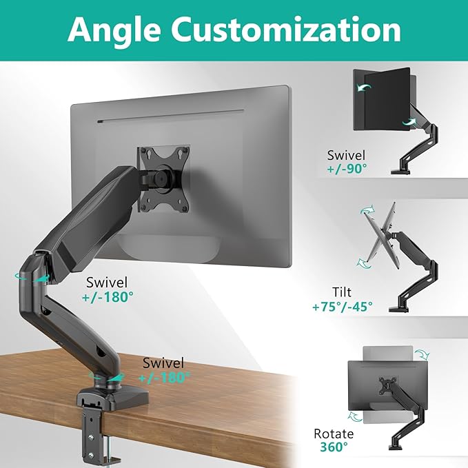 WALI Single Monitor Arm for 17-32 inch Screens, Adjustable Gas Spring Single Monitor Mount Holds 19.8lbs, Computer Monitor Stand for Desk, Clamp and Grommet Base, VESA 75/100mm (GSMP001), Matte Black