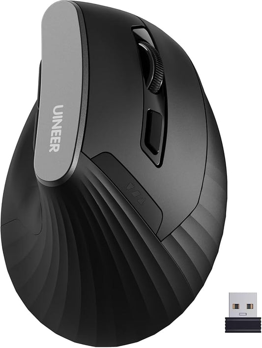 Uineer Vertical Mouse, 2.4GHz Ergonomic Wireless Mouse, 800/1200/1600/2400 Adjustable Dpi, 6 Buttons Battery Powered Mouse for Laptop, PC, Mac, Comfort and Reduced Wrist Strain (Black)