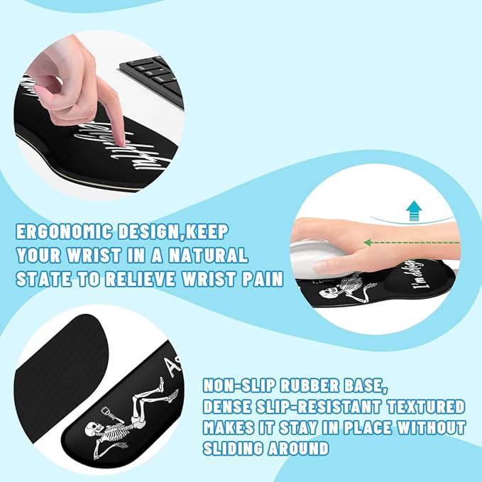 Skeleton Humor Mouse Pad Set Funny Wine Drinking Gothic Quote Art Gaming Mousepad 4in1 Desk Mat for Desktop Anti-Slip XXL Big Computer Ergonomic Mousepad with Wrist Support for Keyboard and Mouse