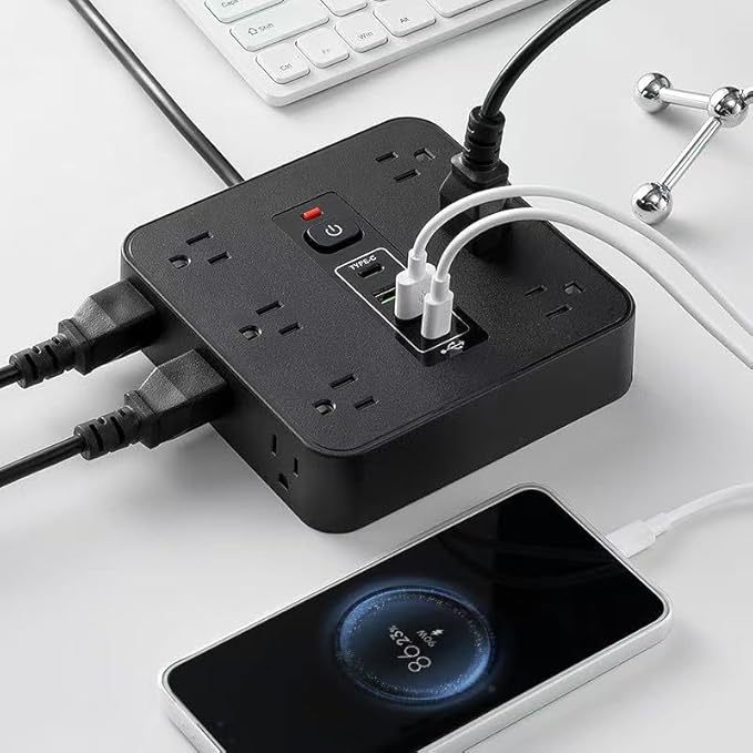 16-in-1 Surge Protector Power Strip with 12 AC Outlets, 4 USB Ports (2 USB-C & 2 USB-A) | 10A Overload Protection, Flat Plug Extension Cord for Home Office Gaming Travel (Black, 6FT)