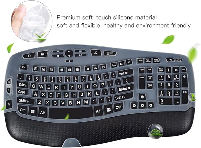 Keyboard Cover for Logitech K350 MK550 MK570 Keyboard Cover Skin for Logitech K350 MK550 MK570 Wireless Wave Keyboards Covers Skin Protector Accessories, Black-Large Print