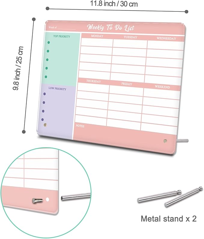 Desktop Thickened Acrylic Dry Erase Weekly To Do List, 11.8"x9.8" Colorful Whiteboard with Stand, Frameless Weekly Planner for Office/School/Home, Daily To Do List for Work and Personal Organized(2530,1p)