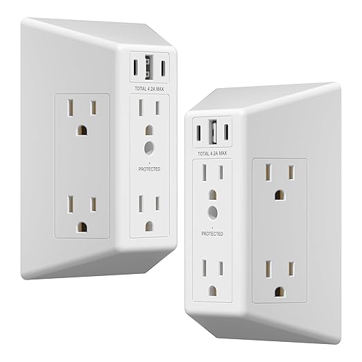 LIDER 6 Outlet Surge Protector Extender with 20W 4.2A 3 USB Type A/C Chargers, 1500 Joules, Multi Plug Wall Charger for Home Office, UL-Listed, White, 2 Pack