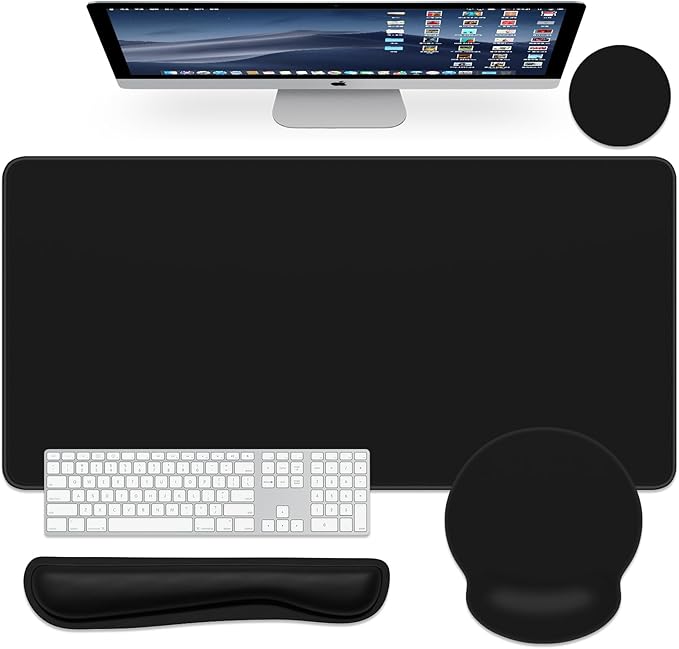 Dapesuom Large Gaming Mouse Pad, Black Mouse Pads with Wrist Rest Wrist Support, 4in1 Big XXL Desk Mat Desk Pad + Ergonomic Mousepad + Memory Foam Keyboard Mat Wrist Rest + Coaster Set for Computer