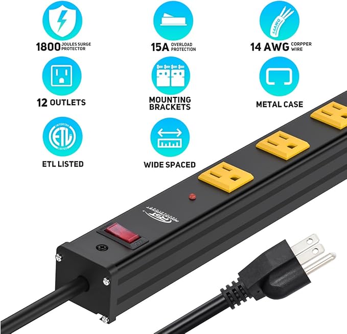 CRST 12-Outlet Metal Long Power Strip, Heavy Duty 1800 Joule Surge Protector Wall Mount Power Strip, 6FT Wide Spaced Workshop Garage Industrial Power Bar, 15A Circuit Breaker, ETL Listed