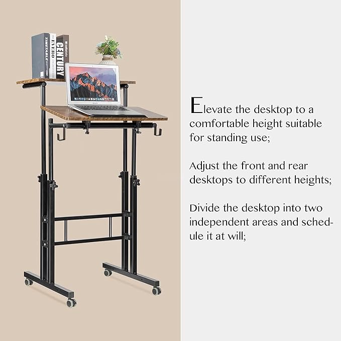SIDUCAL Mobile Standing Desk, Portable Stand Up Desk, Small Adjustable Converter with Wheels Home Office Workstation, Rolling Laptop Cart for Sitting, Rustic Brown