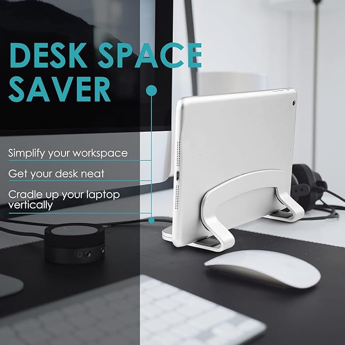 Aluminum Vertical Laptop Stand, MacBook Pro Laptop Vertical Stand Dock Holder with Adjustable Slot Fits All Laptops Notebook Tablets MacBook Air- Save Space & Improve Airflow, Silver