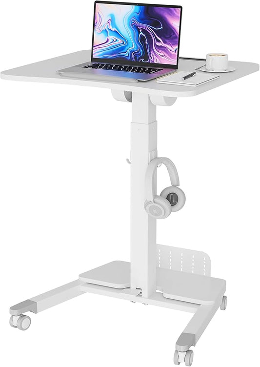 BONTEC Mobile Standing Desk Adjustable Height, Rolling Laptop Cart with Storage Shelf, Hooks, Portable Workstation with Pneumatic Lift, Ergonomic Compact Home Office Desk, White 23.6" x 20.5"