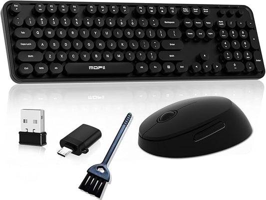 Wireless Keyboard and Mouse, COOFUN Cute Colorful 104 Keys Full Size Typewriter Keyboards Retro Cordless Key Board Ergonomic Keyboards and Mouse Wireless for Windows, PC, Laptop, Desktop (Black)