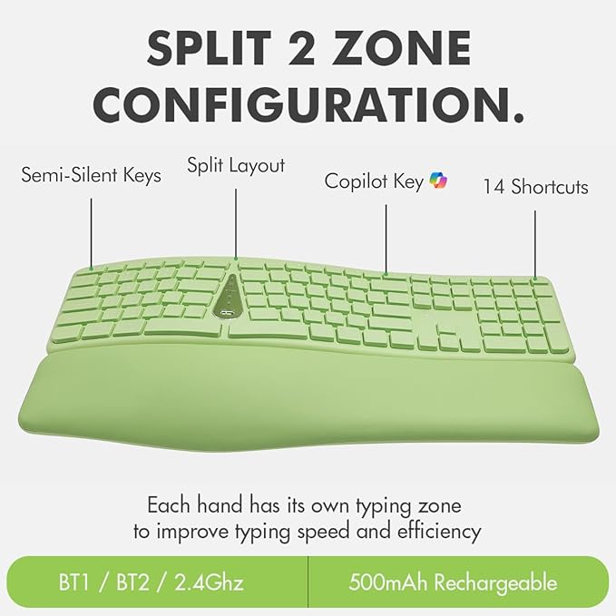 X9 Ergonomic Keyboard and Mouse Wireless Combo - Green Split Keyboard and Mouse Set, Bluetooth/2.4G, Soft Wrist Rest, Rechargeable, Silent Keys, Multi-Device for Laptop, PC, Mac, iOS, Android