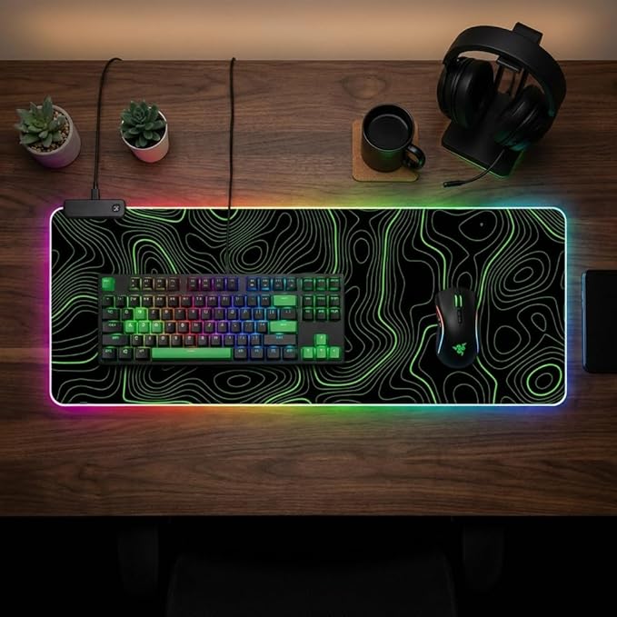 RGB Mouse Pad LED Desk Mat Large Gaming Mousepad Black and Green Line Design, Keyboard Pad XL Mouse Mat for Home and Office