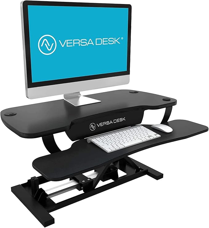 VERSADESK® PowerPro™ 40" Electric Standing Desk Converter - Adjustable Height Desktop Riser with USB Charging Outlet & Detachable Keyboard Tray - Holds 80 lbs Large & Small Items | Black