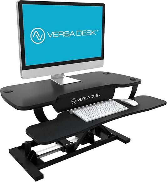 VERSADESK® PowerPro™ 40" Electric Standing Desk Converter - Adjustable Height Desktop Riser with USB Charging Outlet & Detachable Keyboard Tray - Holds 80 lbs Large & Small Items | Black